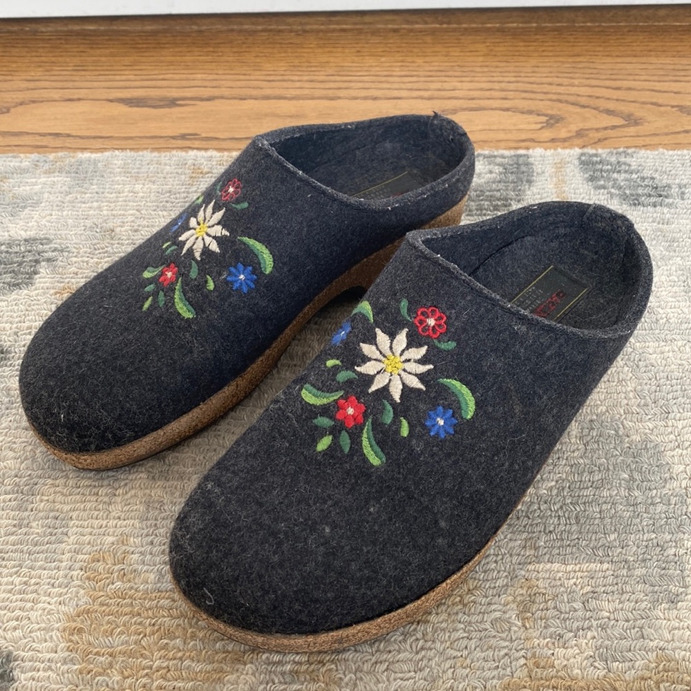 Haflinger Dark Gray Wool Felt Clog Mules with Multicolor Floral Embroidery